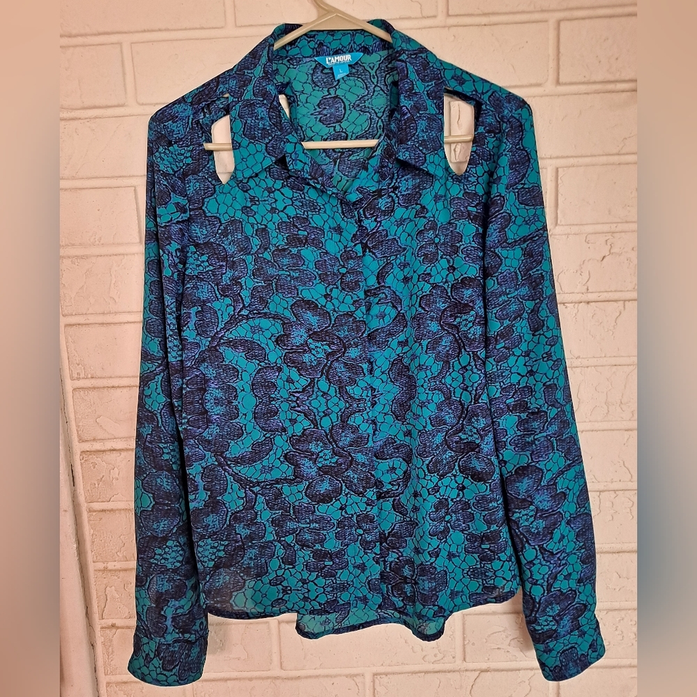 L'AMOUR Nanette Lepore blue/teal cut outs long sleeve button up blouse/t… - Picture 2 of 4